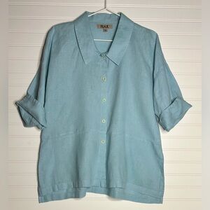 FLAX Women's 100% Linen Sky Blue Button Up Short Sleeve Shirt Size Small EUC